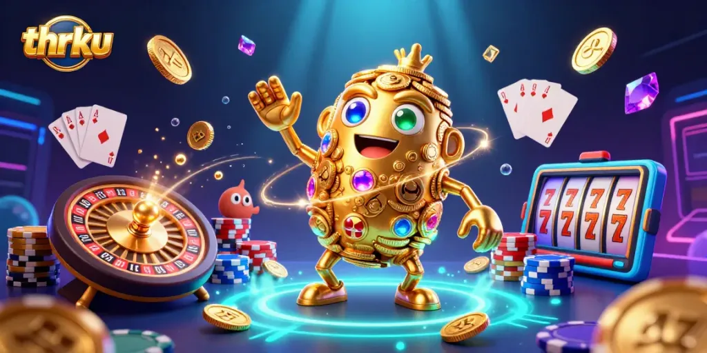 Experience the excitement of thrku with a dynamic scene featuring a golden golem amidst cascading coins and thrilling casino elements.