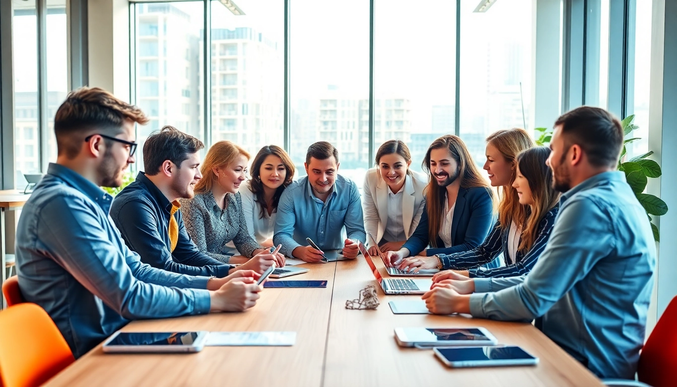 Engaged professionals at a social media agency brainstorming strategies in a bright office.