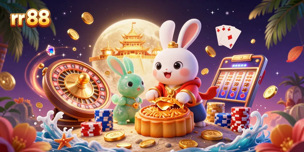 Experience excitement with rr 88, featuring a whimsical moon rabbit revealing poker chips amidst dynamic casino elements.
