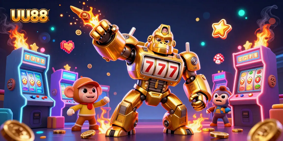 UU88 features a dynamic 3D illustration of a golden gorilla mech and vibrant casino elements.