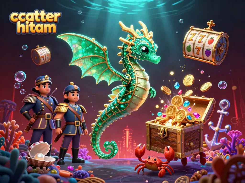 Engage with scatter hitam in this vibrant 3D scene featuring a sea dragon, slot reels, and treasure elements.