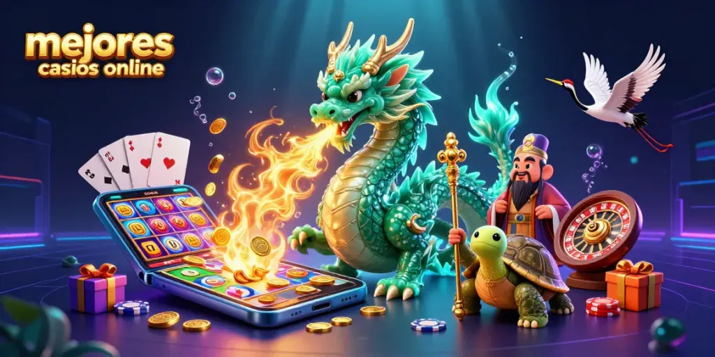 Visualiza los mejores casinos online con un dragón esmeralda y un sabio tortuga en un vibrante escenario de casino.