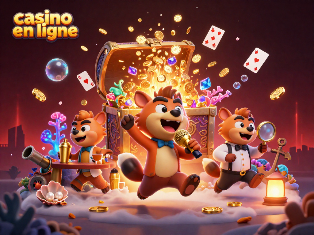 Animation joyeuse d'un casino en ligne avec des hyènes divertissantes et des éléments de jeu colorés.