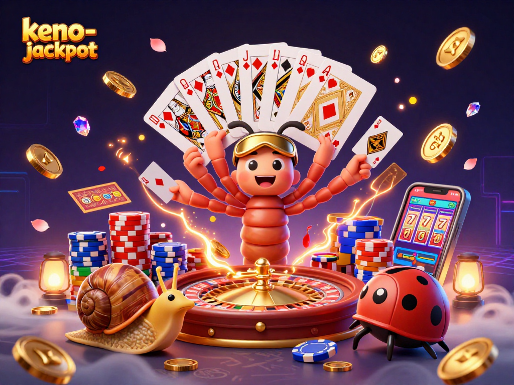 Exciting keno-jackpot gaming scene with a colorful 3D millipede dealer and sparkling rewards.