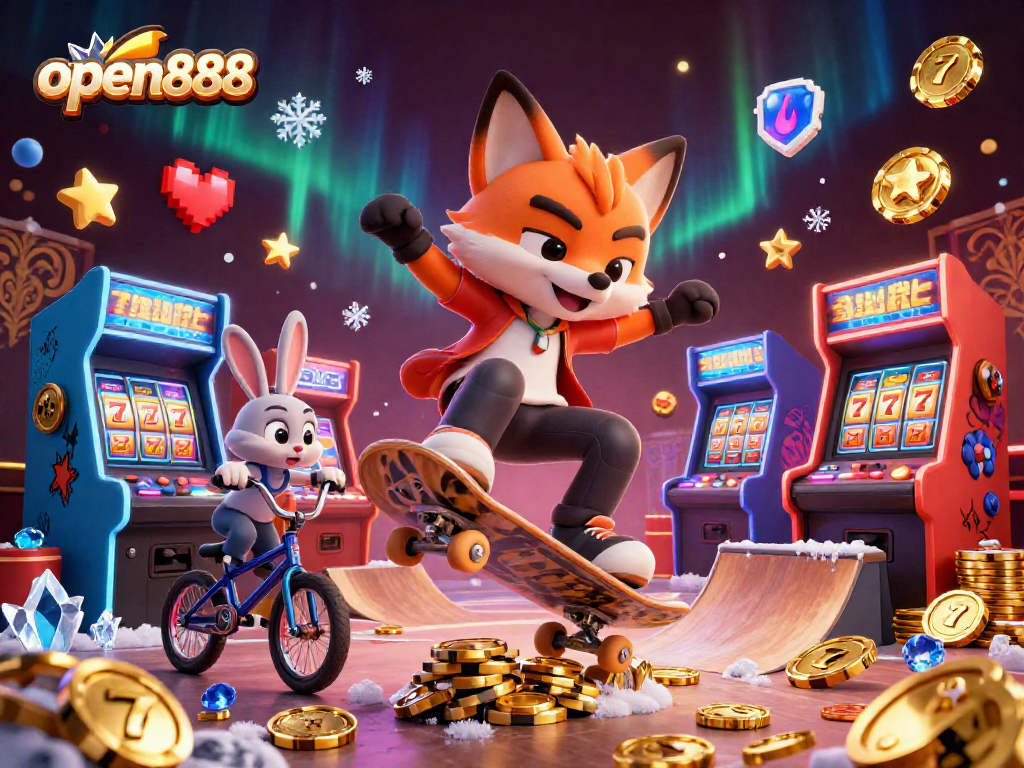 Experience thrilling action with open888 as a fox skater flips over golden poker chips in a vibrant casino scene.