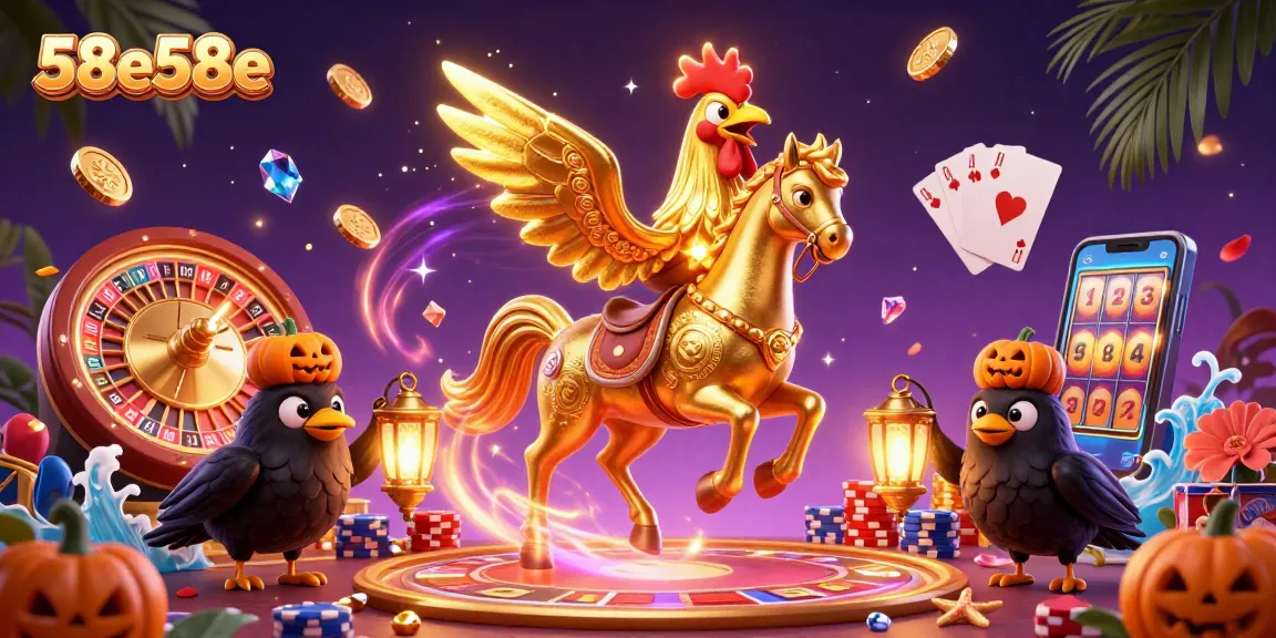 Engaging 3D scene depicting the thrilling casino atmosphere with the 58e58e golden rooster amidst golden coins and games.
