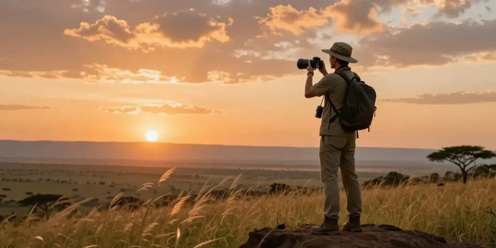 Engaging travel scene showcasing a traveler on a cliff during sunset identifying the best kenya travel agency for safari adventures.