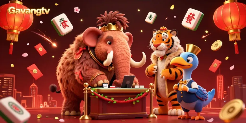 Experience the excitement of Gavangtv with a vibrant casino scene featuring dynamic characters and festive game elements.