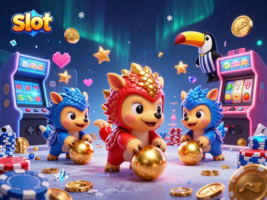 Mencoba slot dengan pangolins bersaing di kasino, dikelilingi mesin arcade cerah.