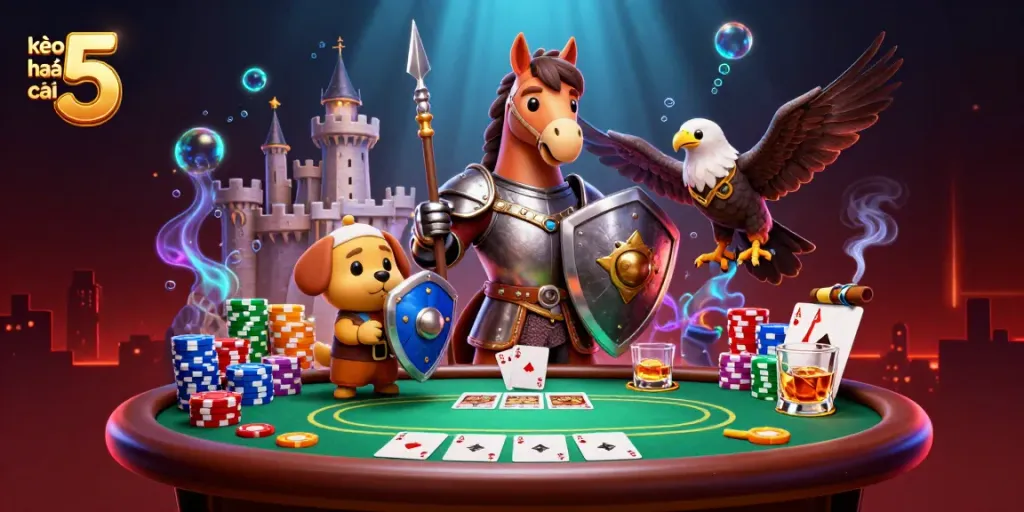 Engage with kèo nhà cái 5 through a colorful 3D illustration of a knight, squire, and falcon amidst dynamic poker elements.
