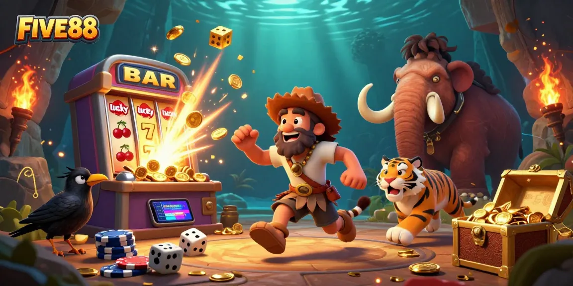 Engage with FIVE88's vibrant prehistoric casino scene as characters celebrate jackpots and casino games.
