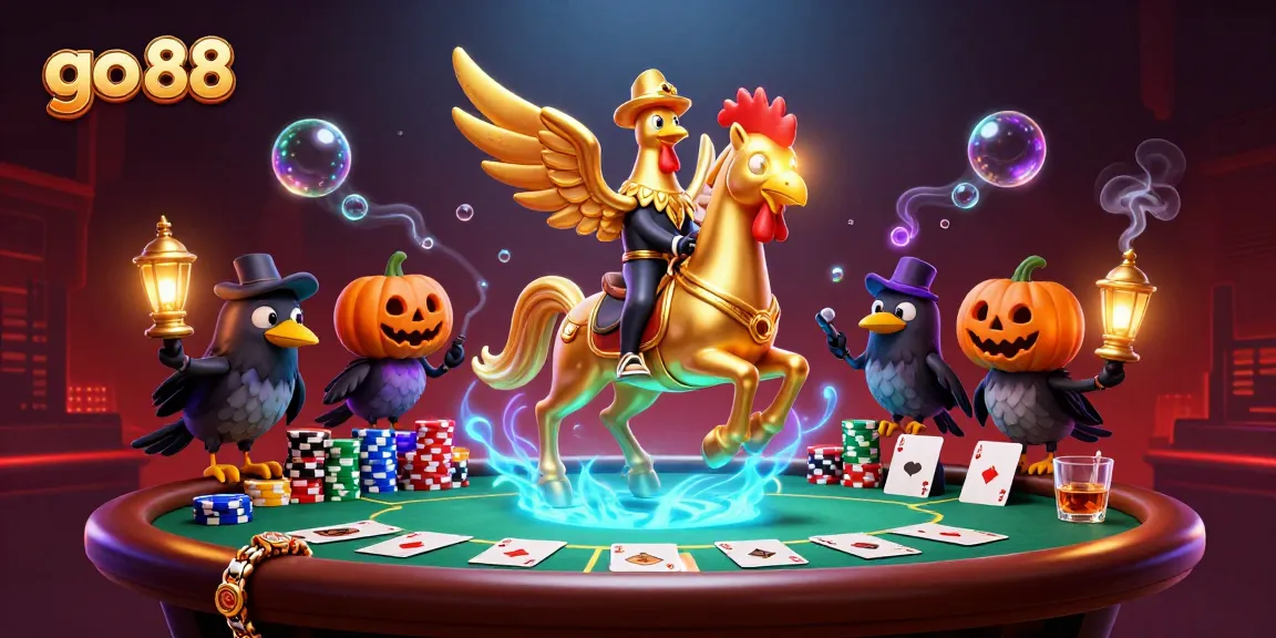 Engage with go 88 casino action featuring vibrant 3D illustration of a golden rooster in a midnight casino.