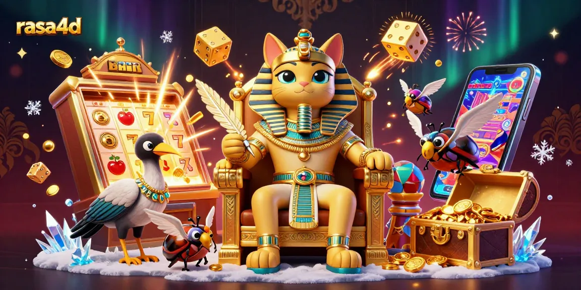 Rasa4d menghadirkan ilustrasi kasino 3D dengan karakter Mesir dan mesin slot jackpot berkilau.