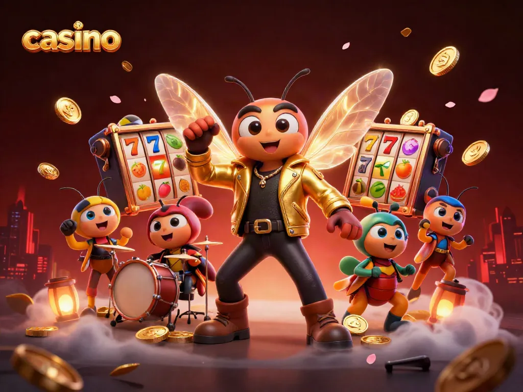 Experience the thrilling casino atmosphere with a cartoon cicada rock star and dazzling slot elements.