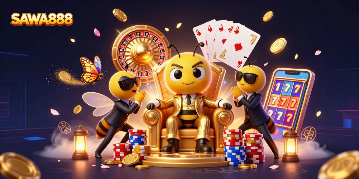 Experience SAWA888 with vibrant casino elements and a colorful bumblebee mob boss in action.