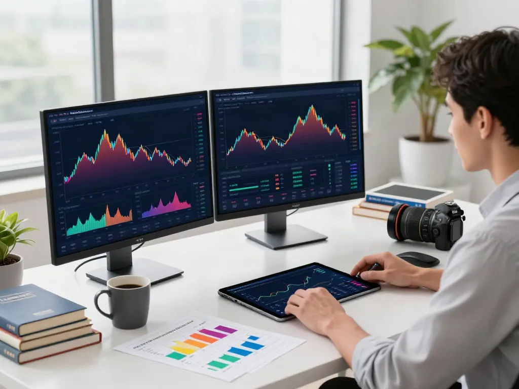 Professional analyzing financial data on FintechZoom.com at a modern workspace.