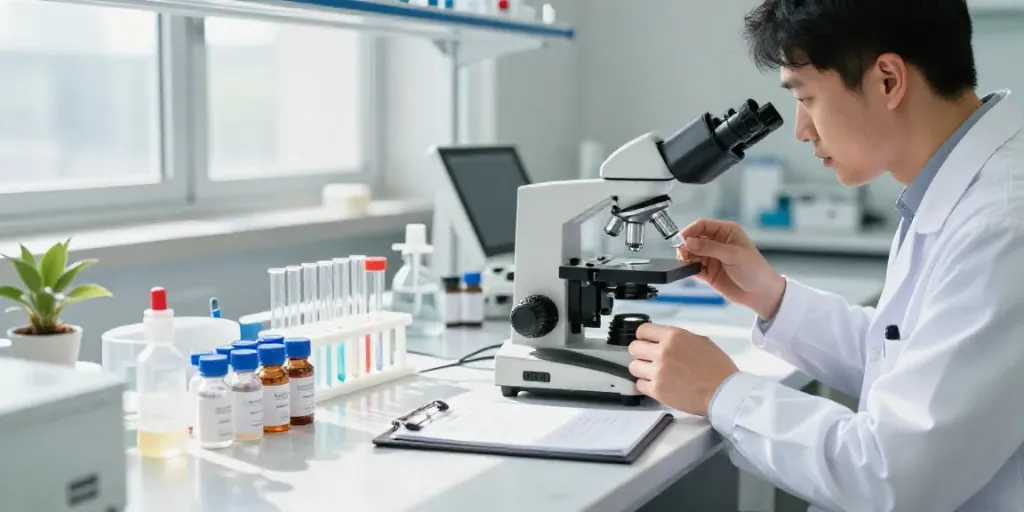 Comprar peptídeo em laboratório de pesquisa com cientista analisando amostras.