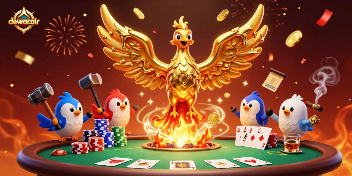 Experience exciting wins with dewacair as golden phoenixes soar amidst vibrant poker elements.