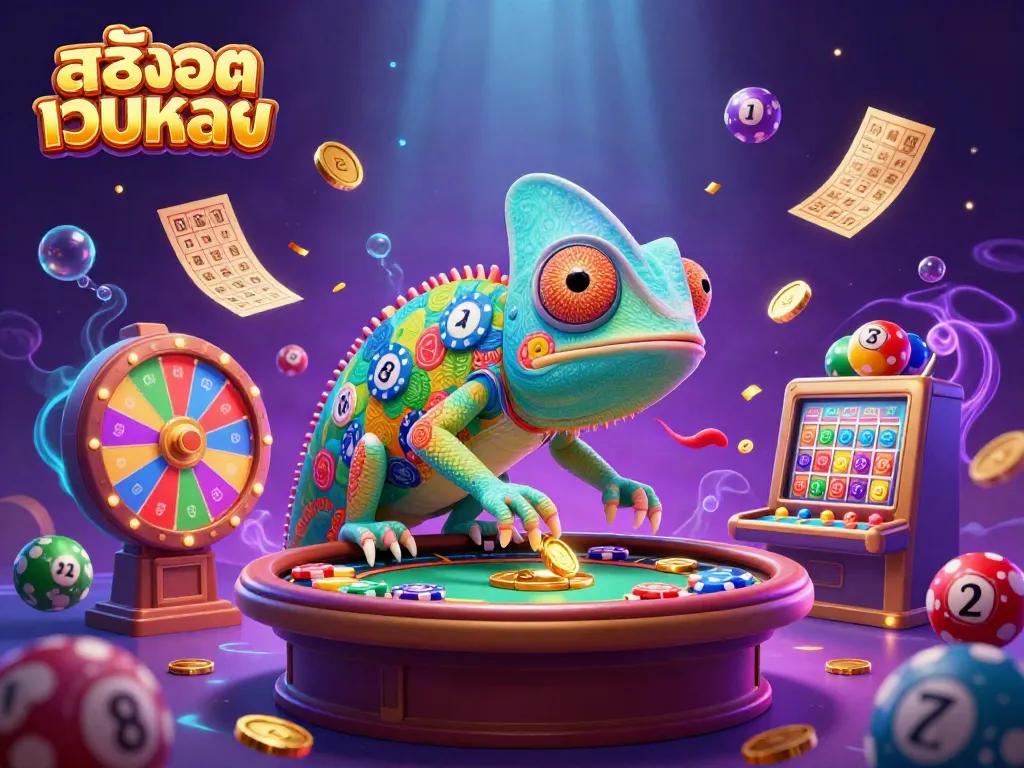Engage with the vibrant world of สล็อตเว็บตรง featuring a colorful chameleon casino owner collecting golden coins.