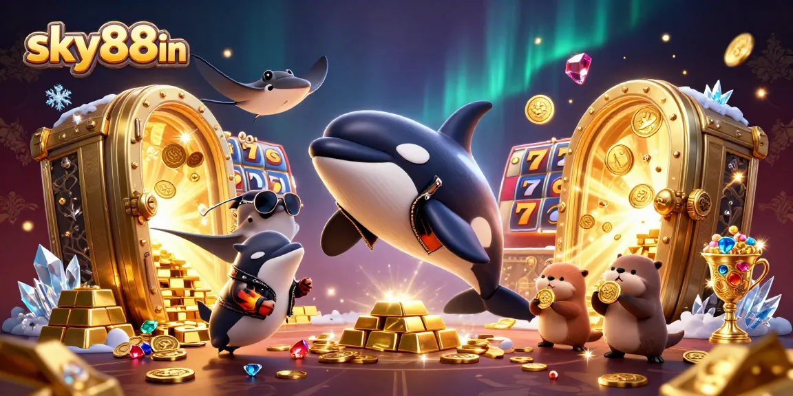 Engage in thrilling action with sky88in's vibrant casino scene featuring a jumping orca and rich treasures.