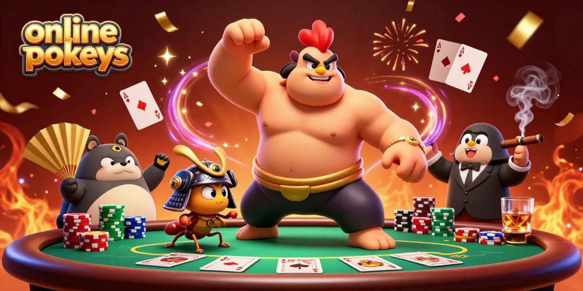 Online pokies showcase vibrant characters with poker elements and energetic casino atmosphere.