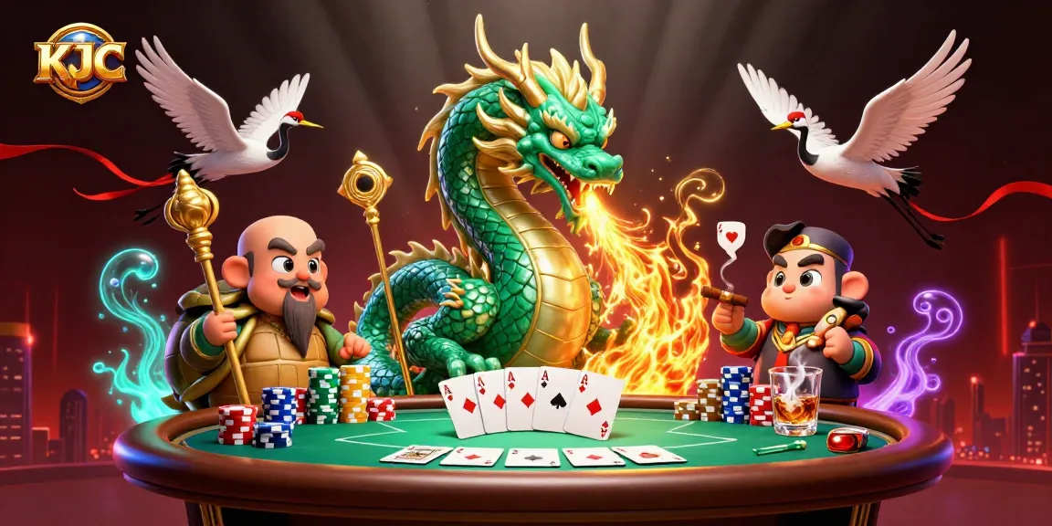 Join the excitement at KJC, where a dragon and turtles entertain amidst poker action.