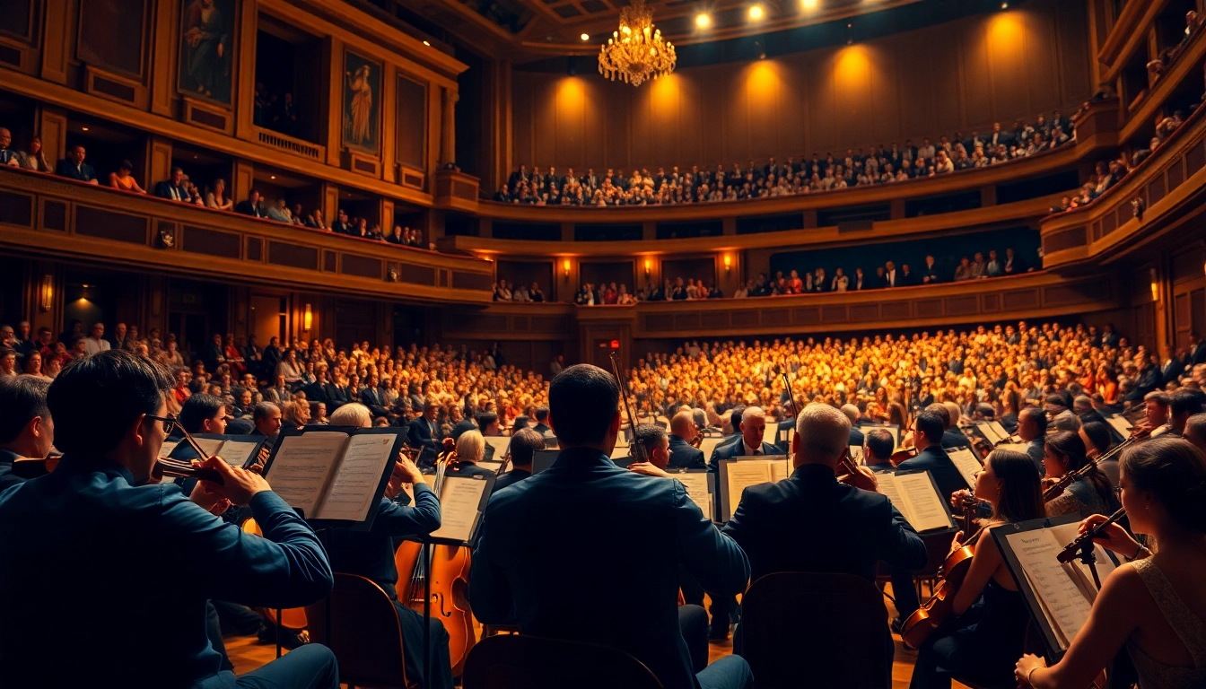 Ascultă muzica clasica în timpul unui concert de orchestră vibrant.