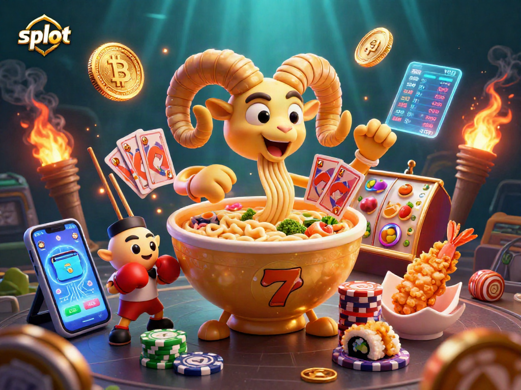 Spin the slot reels with the vibrant casino characters featuring a golden ramen bowl and crypto coins.