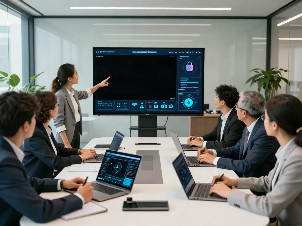 Deepfake protected meetings showcasing professionals discussing technology and security in a modern conference room.