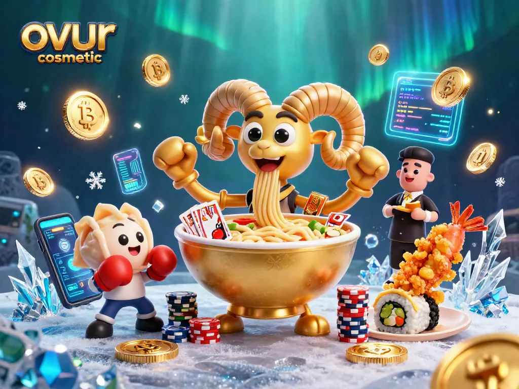 Engage with the vibrant ovur cosmetic casino scene featuring a golden ramen bowl dealer amidst crypto coins and interactive elements.