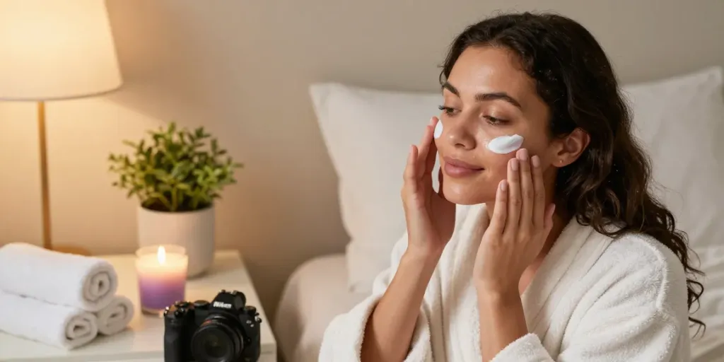 Applying Nigh Creme in a cozy bedroom for glowing skin.