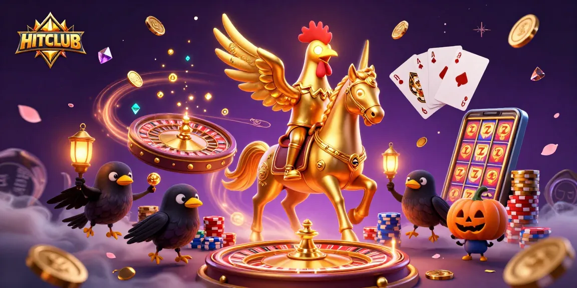 Experience HITCLUB's captivating casino scene with golden roosters and vibrant offerings.