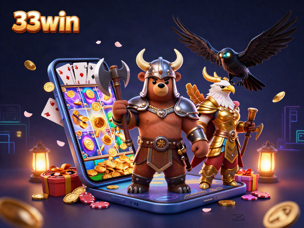Join the fun at 33win: cartoon Viking and eagle in an epic casino adventure.