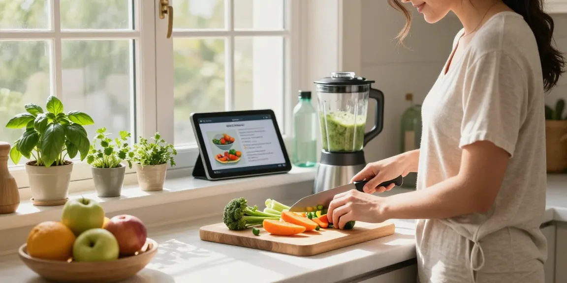 Health tips showcased as a woman prepares nutritious meals in a bright kitchen.