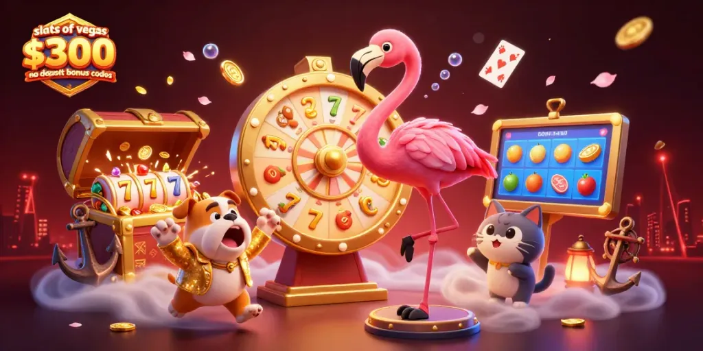 Spin the slots of vegas $300 no deposit bonus codes with exciting prizes and gaming action depicted in a vibrant scene
