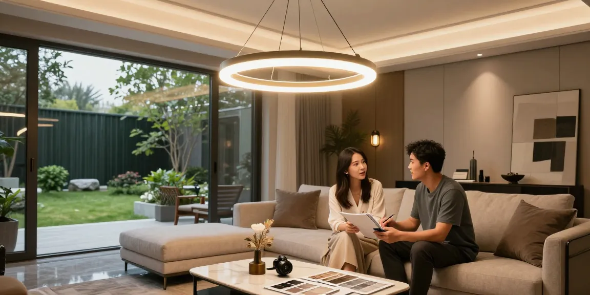 Lustre LED elegante într-un living modern, cu un cuplu discutând despre designul interior