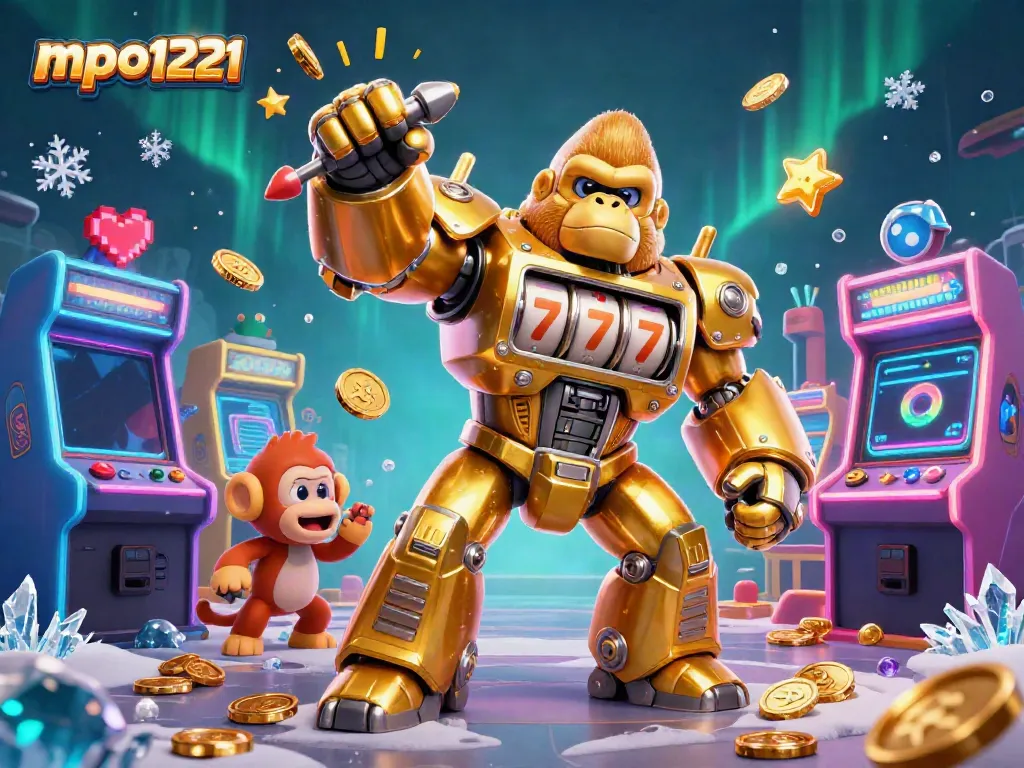 Engage in winning strategies on mpo1221 with a dynamic, illustrated casino scene showcasing colorful slot machines.