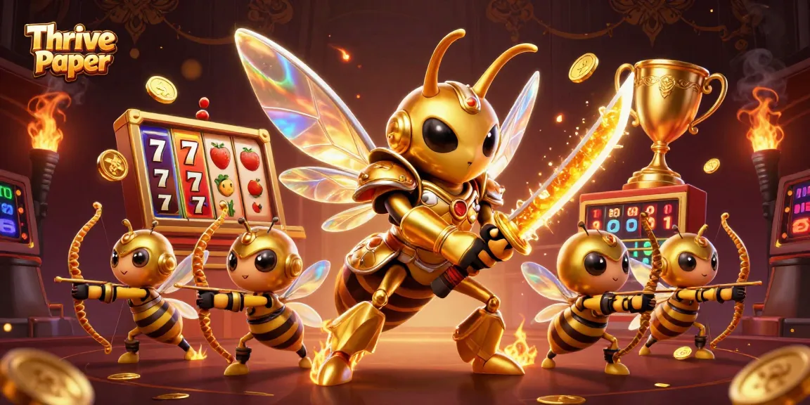 Engage with Thrive Paper in this thrilling casino scene featuring slot reels and golden characters.