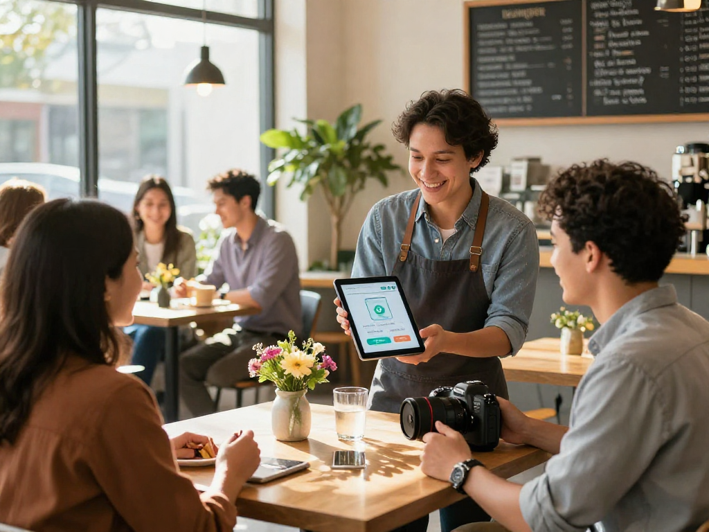 Engaging small business owner demonstrating a loyalty app to customers in a vibrant cafe.