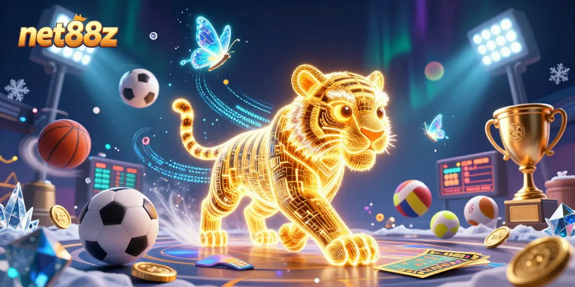 Bet on net88z in a vibrant casino scene with a golden tiger and dynamic sports elements.