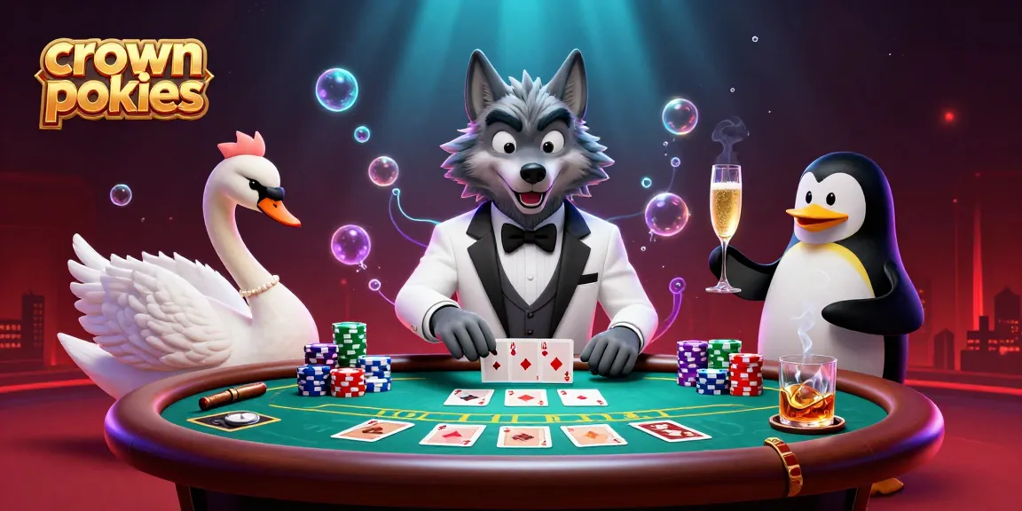 Engage in thrilling crown pokies action with a debonair wolf, elegant swan, and penguin sommelier.