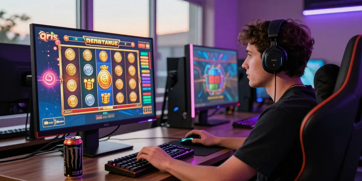 Engaging player enjoying slot qris games on high-resolution screen, showcasing vibrant graphics and rewards.