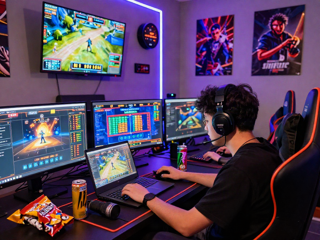 Youth engaged in situs toto online gaming with multiple screens and vibrant atmosphere.