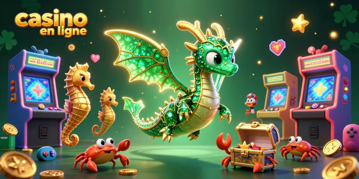 Plongez dans l'univers captivant des casinos en ligne avec ce dragon de mer 3D entouré de jeux colorés.