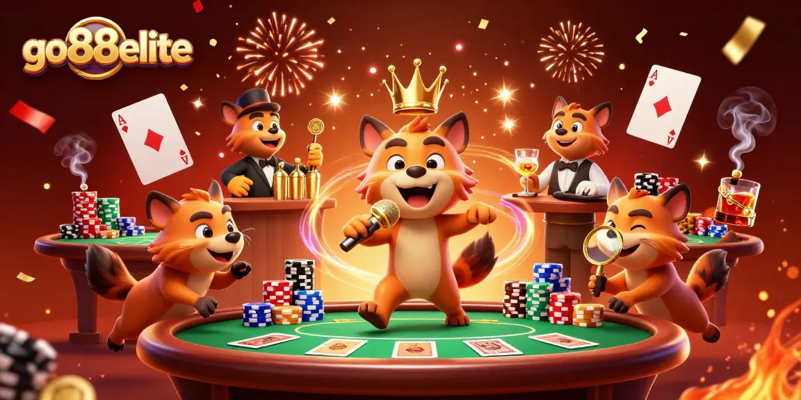 Experience fun at go88elite with lively hyenas serving drinks and engaging in poker activities.