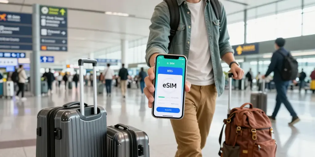 פעולה של חיבור עם Esim לחו"ל בשדה תעופה בינלאומי.