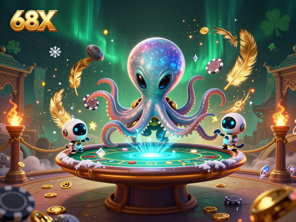 Aposte no 68X com personagens de cassino alienígenas em uma cena vibrante e cheia de detalhes