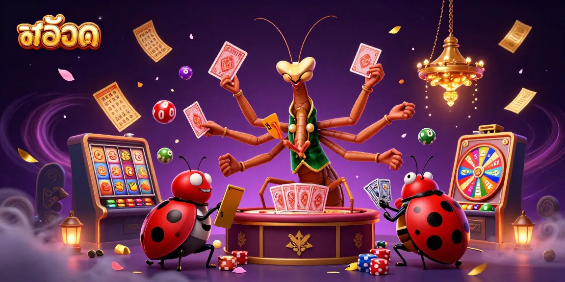 Experience thrilling สล็อต action with a giant mantis dealer, vibrant lottery balls, and dynamic casino atmosphere.