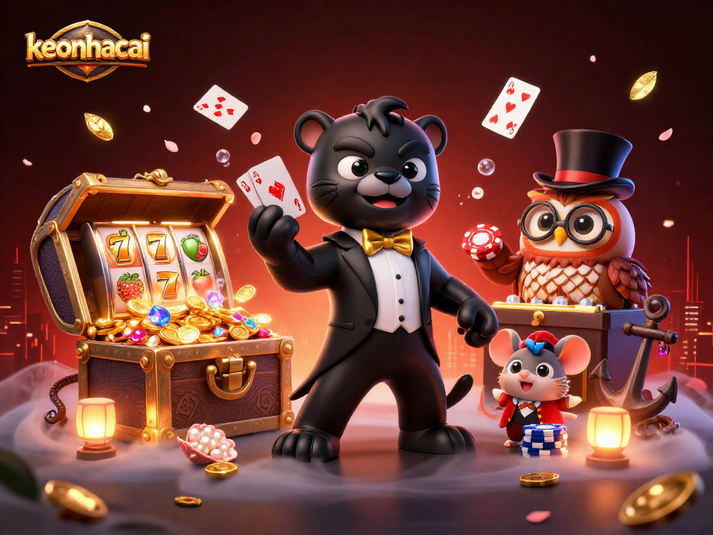 Step into the excitement of keonhacai with a tuxedo-clad panther dealing cards amid a vibrant casino scene.