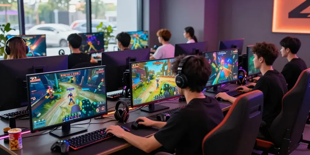 Players enjoying multiplayer games at KILAT404's dynamic gaming lounge, showcasing engaging visuals and vibrant atmosphere.